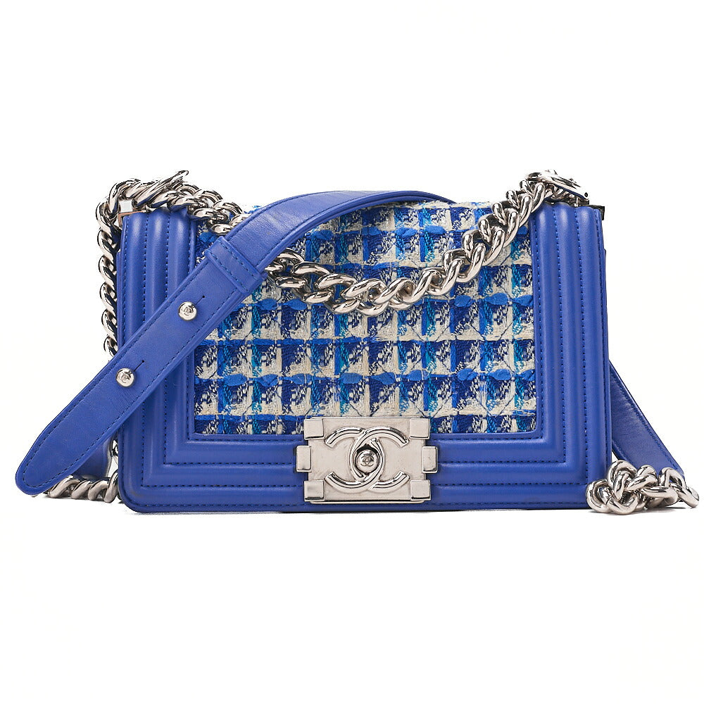 CHANEL Tweed x Lambskin Boy Chanel Chain Shoulder Navy Silver-Tone Hardware, Pre-Owned