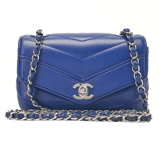 CHANEL Caviar Skin Chevron V-Flap Chain Shoulder Blue Silver-Tone Hardware, Pre-Owned