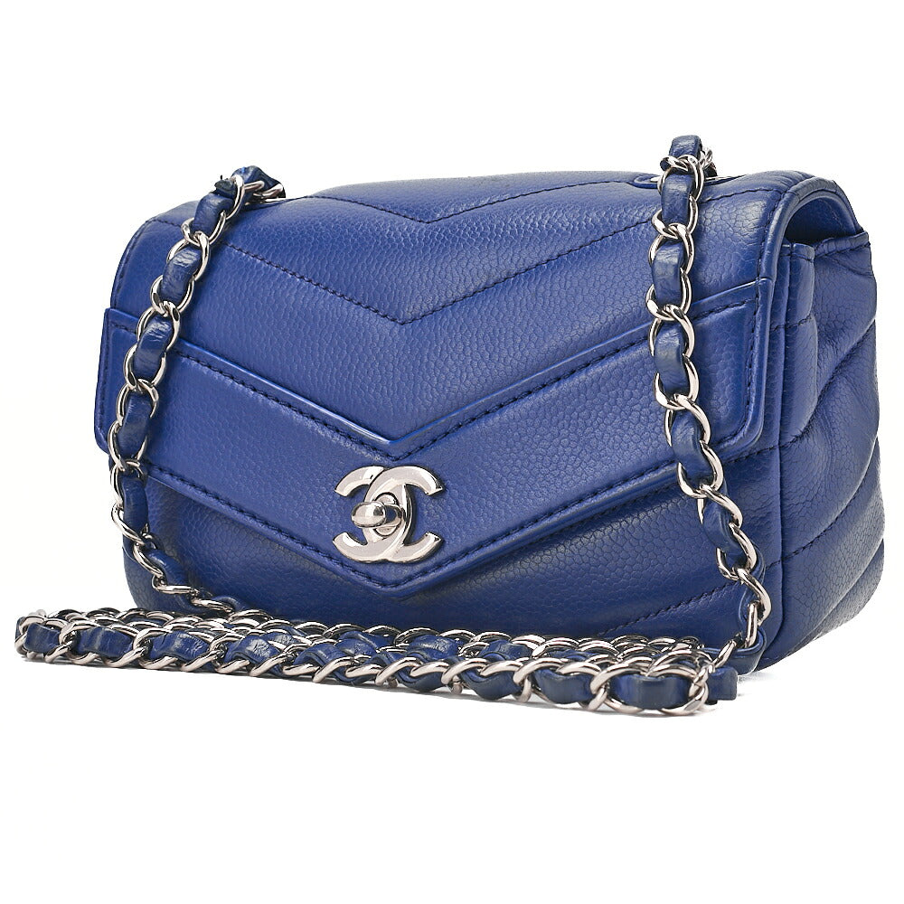 CHANEL Caviar Skin Chevron V-Flap Chain Shoulder Blue Silver-Tone Hardware, Pre-Owned