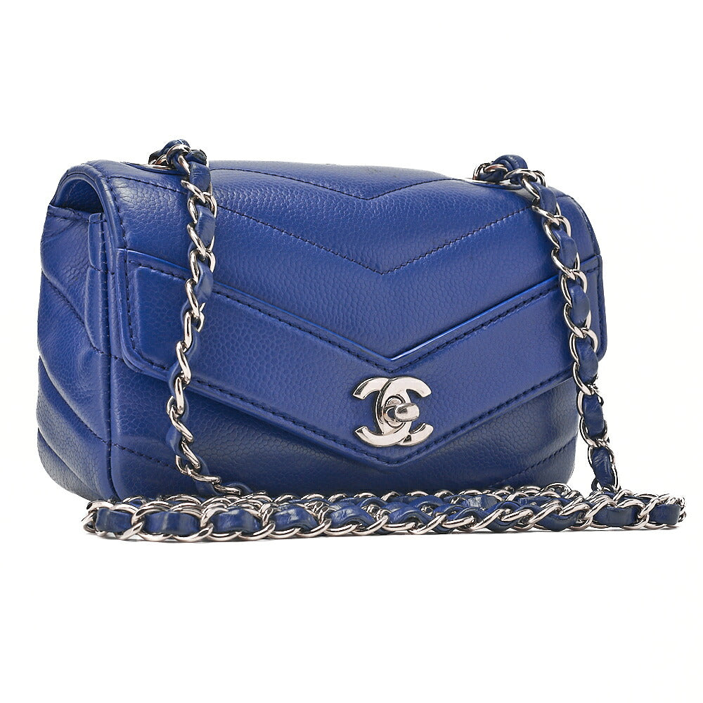 CHANEL Caviar Skin Chevron V-Flap Chain Shoulder Blue Silver-Tone Hardware, Pre-Owned