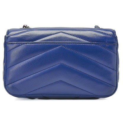 CHANEL Caviar Skin Chevron V-Flap Chain Shoulder Blue Silver-Tone Hardware, Pre-Owned