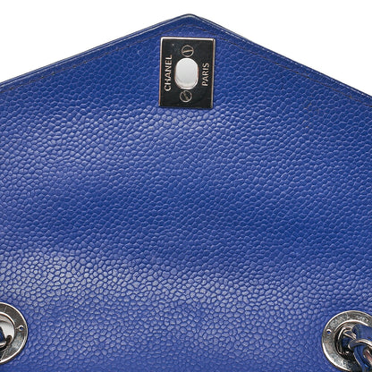 CHANEL Caviar Skin Chevron V-Flap Chain Shoulder Blue Silver-Tone Hardware, Pre-Owned