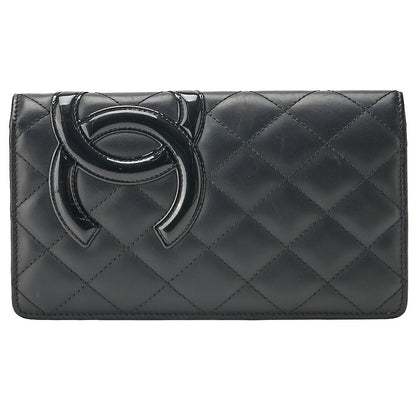 CHANEL Calf Leather Kanbon Line Matelasse Bi-Fold Long Wallet Black Silver-Tone Hardware, Pre-Owned