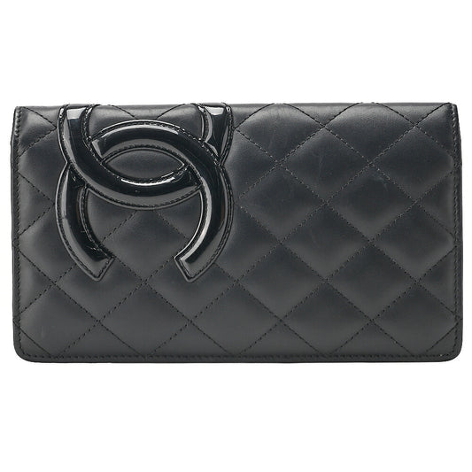 CHANEL Calf Leather Kanbon Line Matelasse Bi-Fold Long Wallet Black Silver-Tone Hardware, Pre-Owned