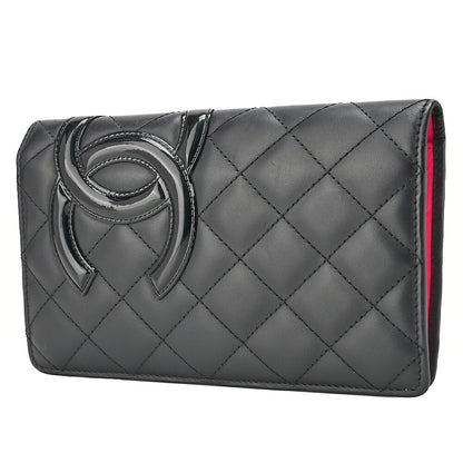 CHANEL Calf Leather Kanbon Line Matelasse Bi-Fold Long Wallet Black Silver-Tone Hardware, Pre-Owned