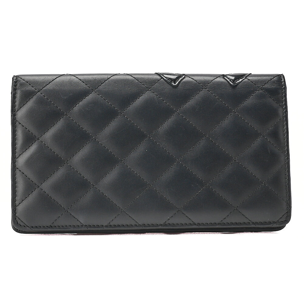 CHANEL Calf Leather Kanbon Line Matelasse Bi-Fold Long Wallet Black Silver-Tone Hardware, Pre-Owned