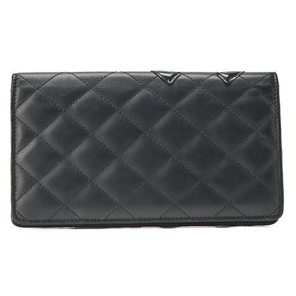 CHANEL Calf Leather Kanbon Line Matelasse Bi-Fold Long Wallet Black Silver-Tone Hardware, Pre-Owned