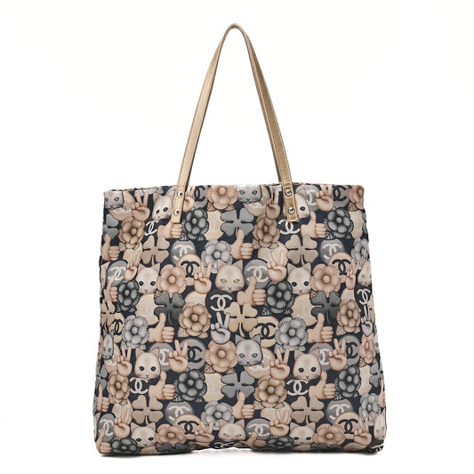 CHANEL Tote Bag Nylon Superpet Cat Pattern Black Beige Silver -Tone Hardware, Pre-Owned