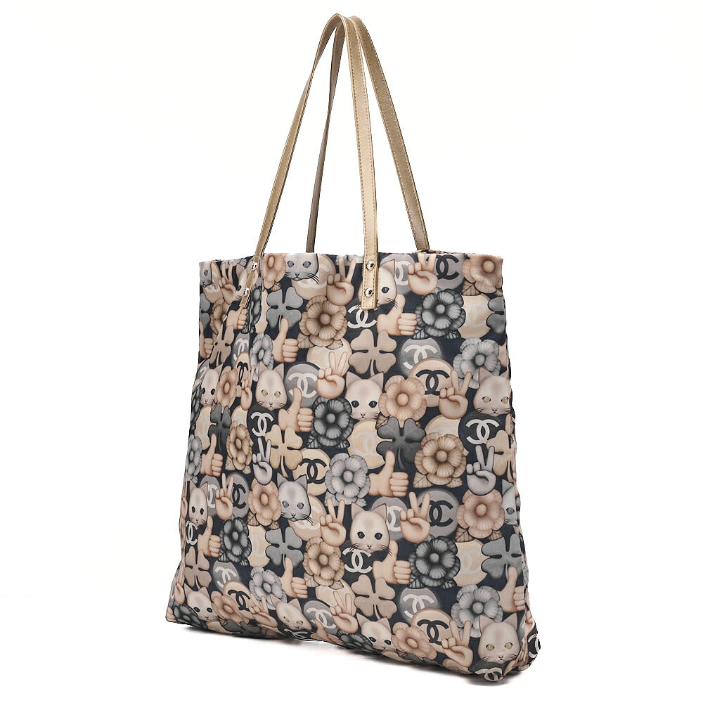 CHANEL Tote Bag Nylon Superpet Cat Pattern Black Beige Silver -Tone Hardware, Pre-Owned