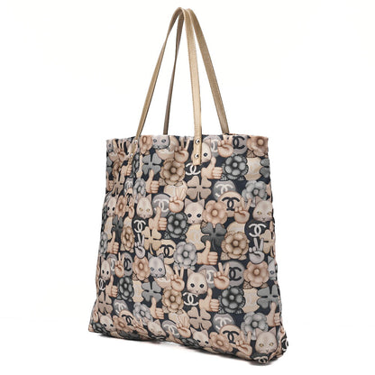 CHANEL Tote Bag Nylon Superpet Cat Pattern Black Beige Silver -Tone Hardware, Pre-Owned