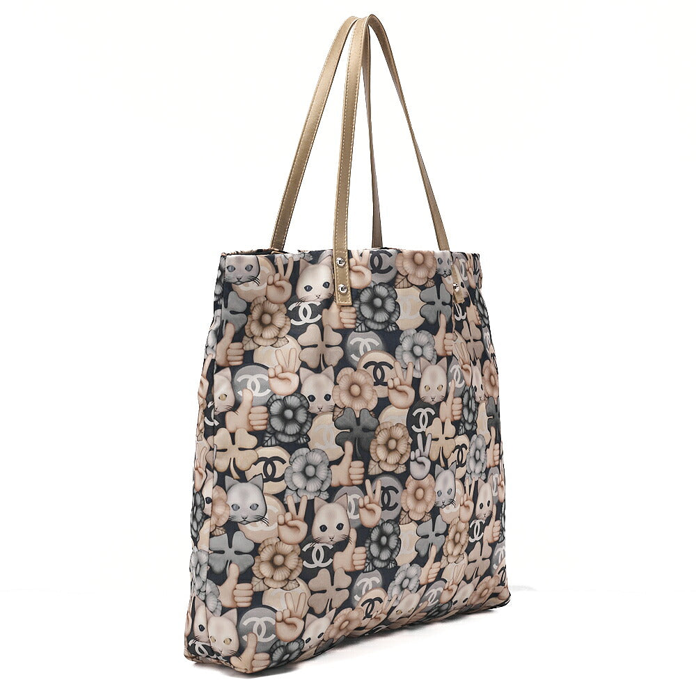 CHANEL Tote Bag Nylon Superpet Cat Pattern Black Beige Silver -Tone Hardware, Pre-Owned