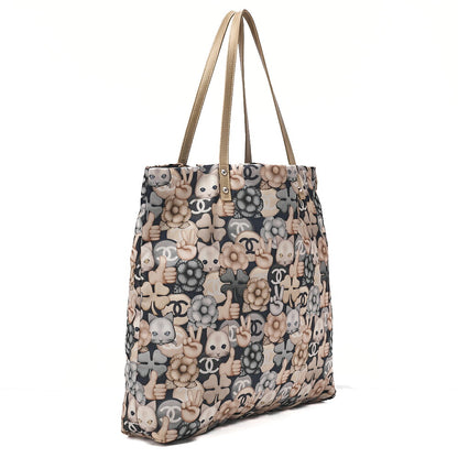 CHANEL Tote Bag Nylon Superpet Cat Pattern Black Beige Silver -Tone Hardware, Pre-Owned