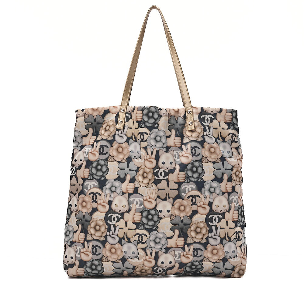 CHANEL Tote Bag Nylon Superpet Cat Pattern Black Beige Silver -Tone Hardware, Pre-Owned