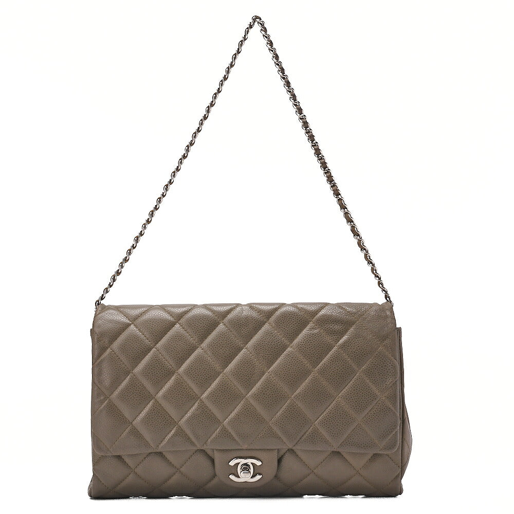 CHANEL Caviar Skin Matelasse Single Flap Chain Shoulder Green Silver-Tone Hardware, Pre-Owned
