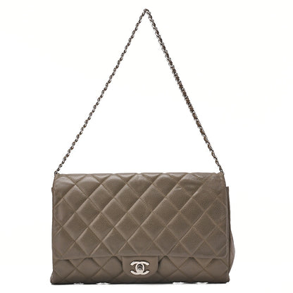 CHANEL Caviar Skin Matelasse Single Flap Chain Shoulder Green Silver-Tone Hardware, Pre-Owned