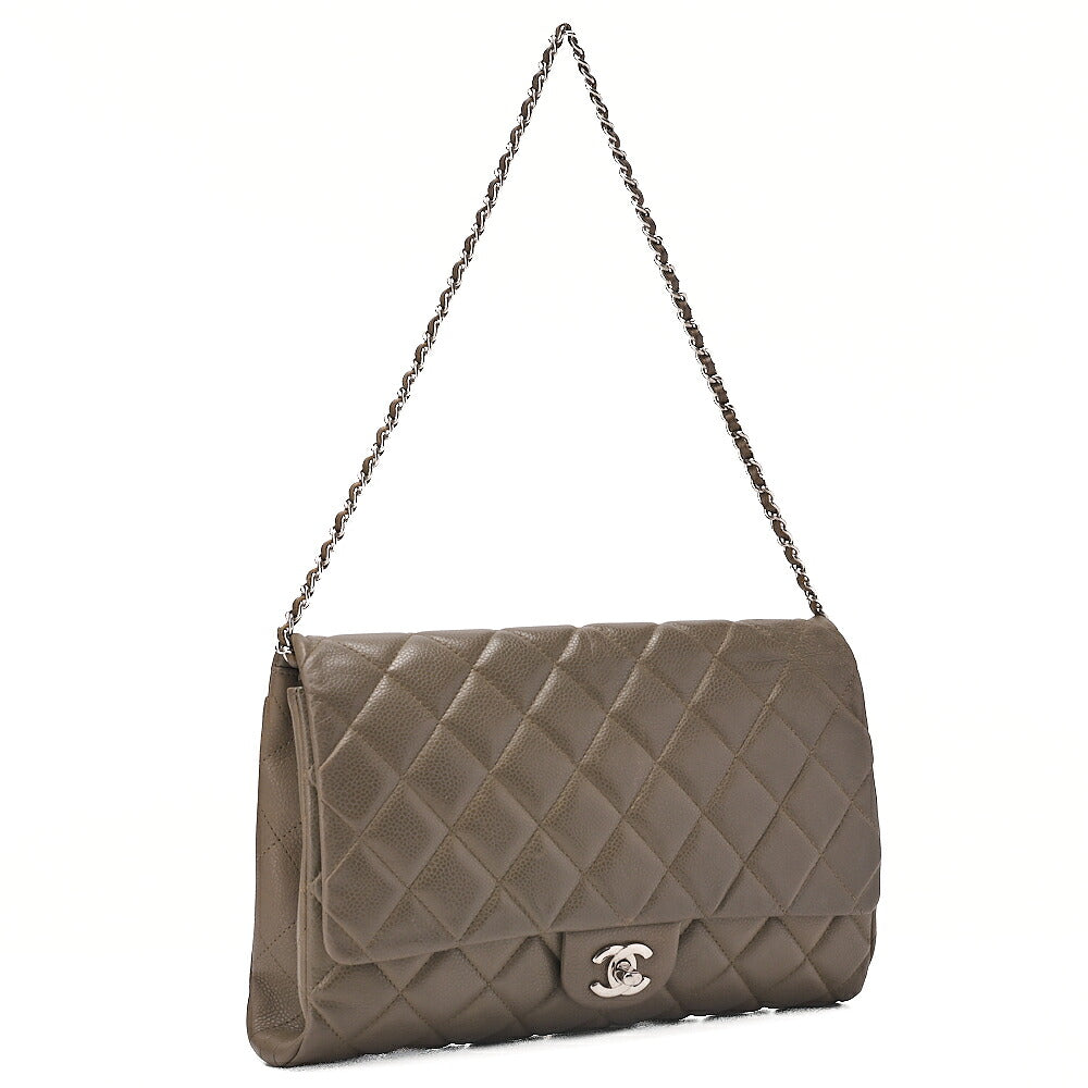 CHANEL Caviar Skin Matelasse Single Flap Chain Shoulder Green Silver-Tone Hardware, Pre-Owned
