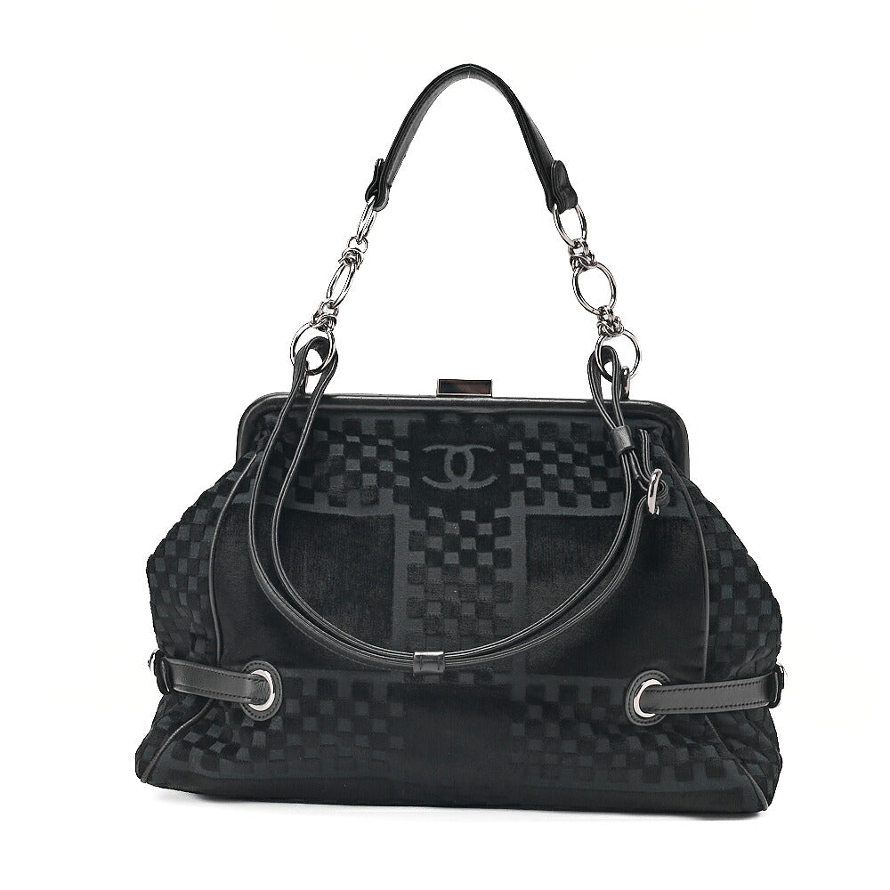 CHANEL Velvet x Lamb Coco Mark Kiss Clasp 2-Way Handbag Shoulder Bag Black Silver-Tone Hardware, Pre-Owned