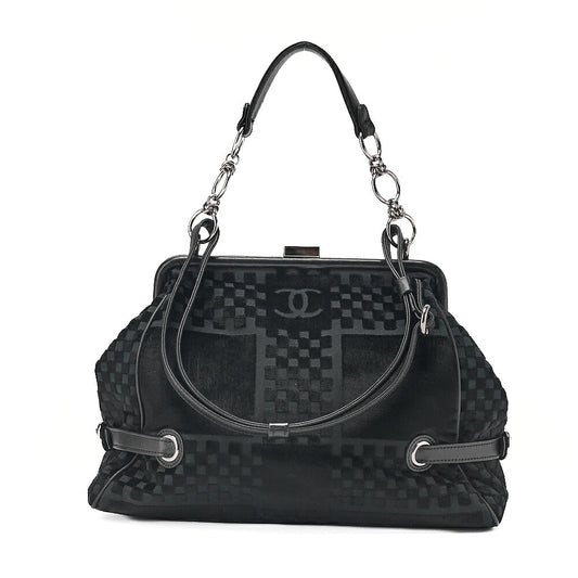 CHANEL Velvet x Lamb Coco Mark Kiss Clasp 2-Way Handbag Shoulder Bag Black Silver-Tone Hardware, Pre-Owned