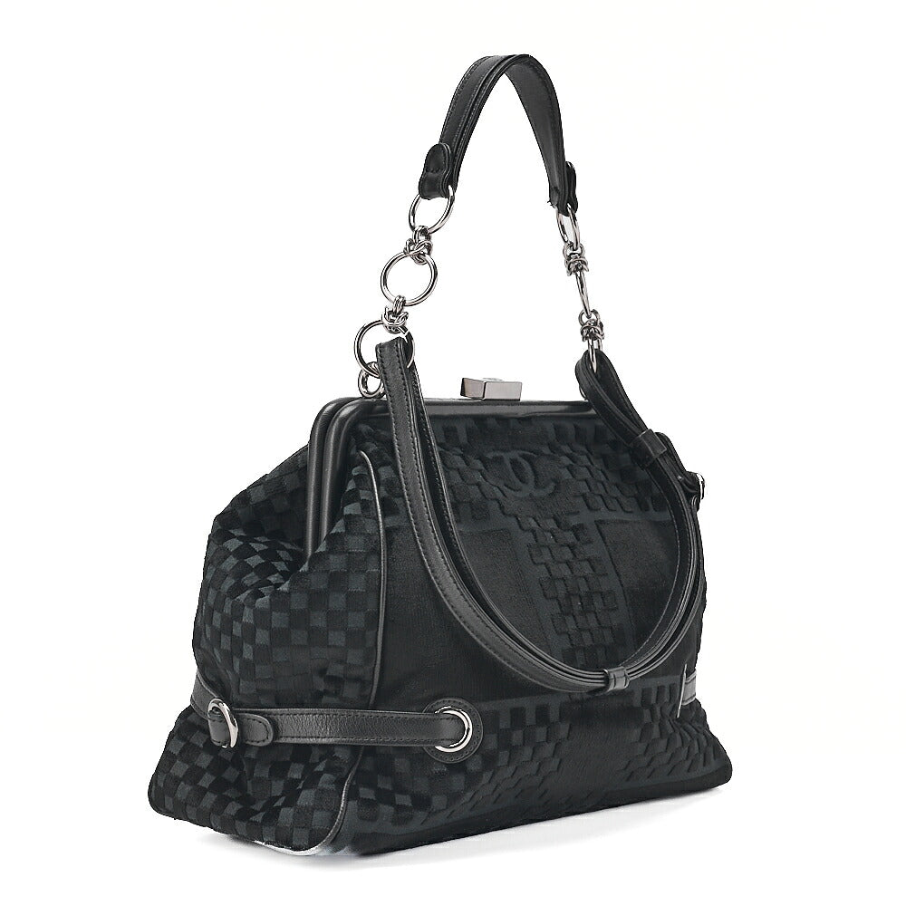 CHANEL Velvet x Lamb Coco Mark Kiss Clasp 2-Way Handbag Shoulder Bag Black Silver-Tone Hardware, Pre-Owned