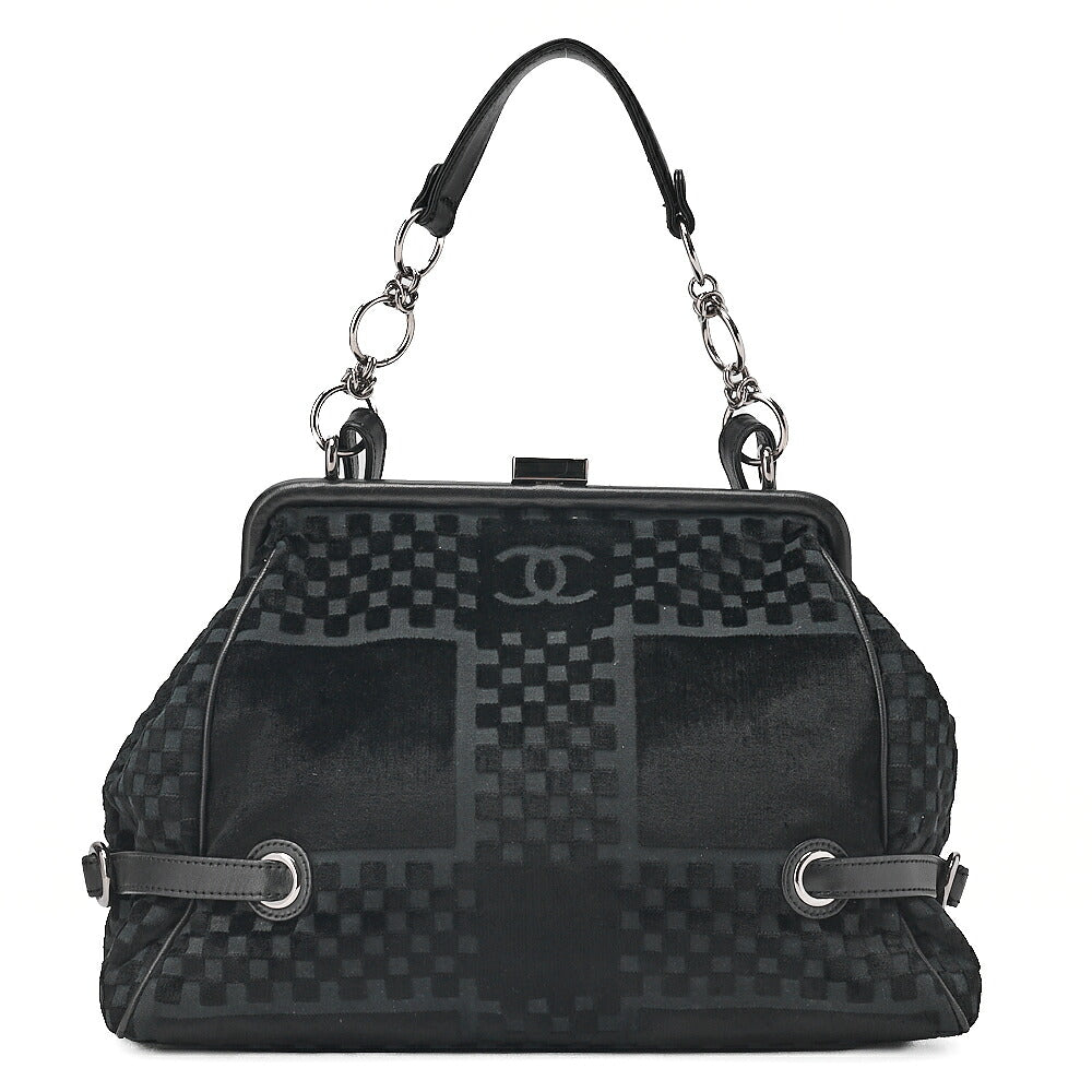 CHANEL Velvet x Lamb Coco Mark Kiss Clasp 2-Way Handbag Shoulder Bag Black Silver-Tone Hardware, Pre-Owned