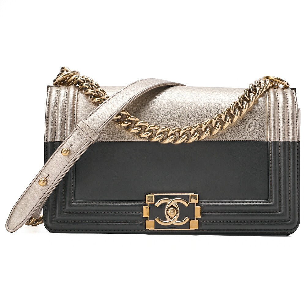 CHANEL Boy Chanel 25 Lambskin Chain Shoulder Bicolor Gold x Black Gold-Tone Hardware, Pre-Owned