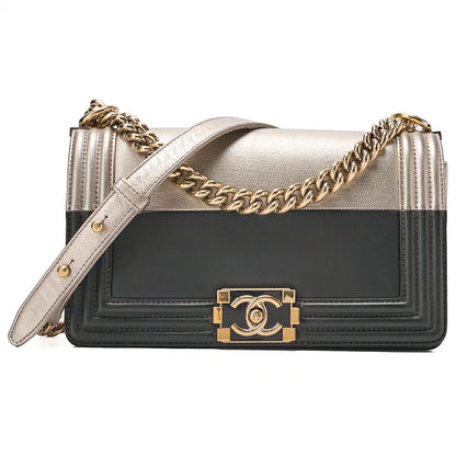 CHANEL Boy Chanel 25 Lambskin Chain Shoulder Bicolor Gold x Black Gold-Tone Hardware, Pre-Owned