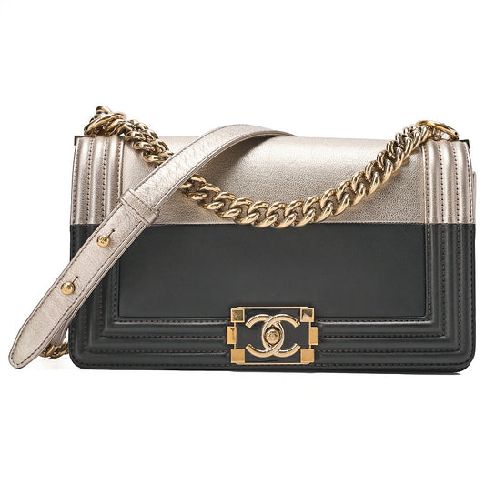 CHANEL Boy Chanel 25 Lambskin Chain Shoulder Bicolor Gold x Black Gold-Tone Hardware, Pre-Owned