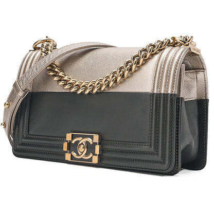 CHANEL Boy Chanel 25 Lambskin Chain Shoulder Bicolor Gold x Black Gold-Tone Hardware, Pre-Owned