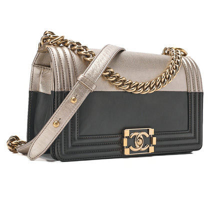 CHANEL Boy Chanel 25 Lambskin Chain Shoulder Bicolor Gold x Black Gold-Tone Hardware, Pre-Owned