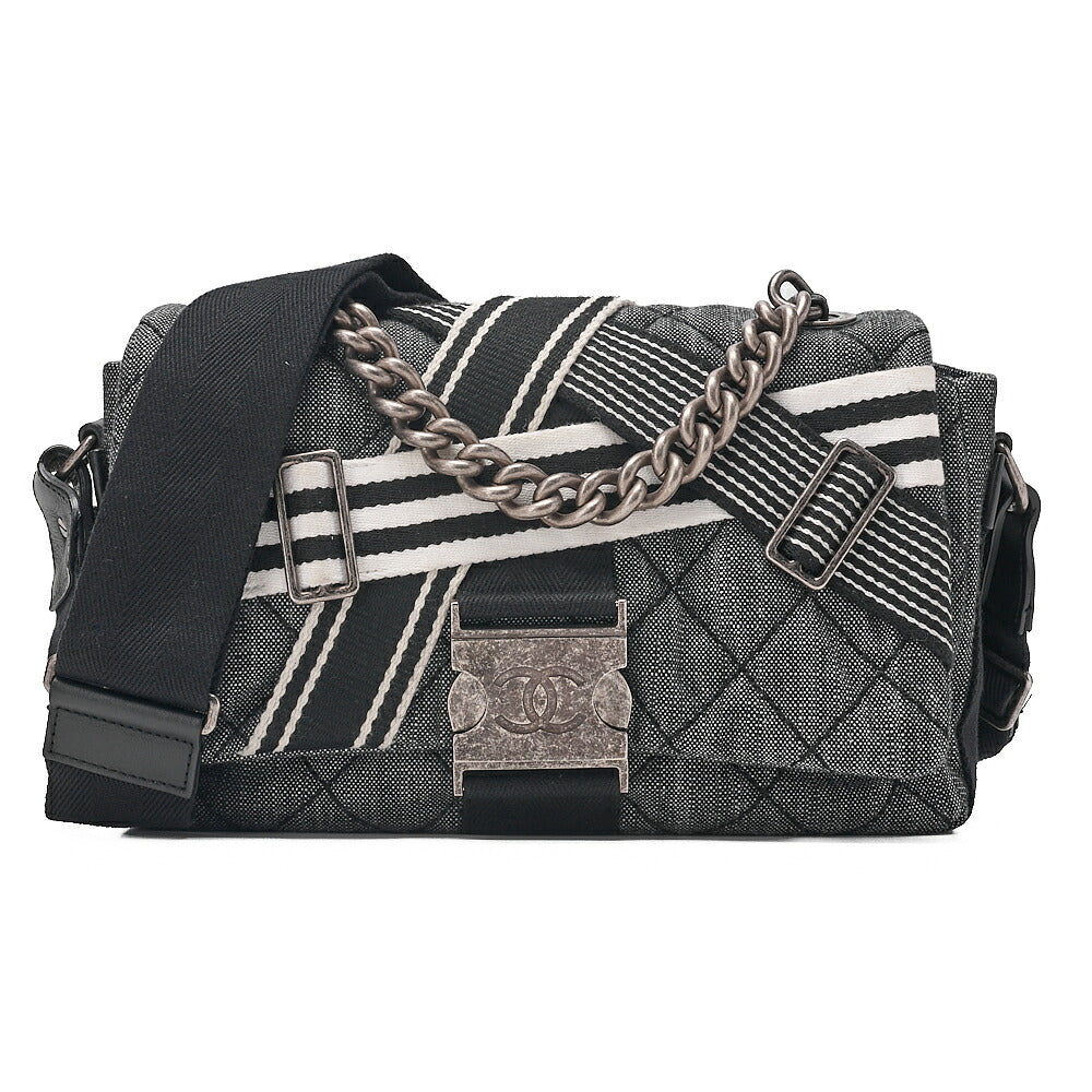 CHANEL Denim x Canvas x Lamb Airline 2-Way Shoulder Bag Black x Gray Silver-Tone Hardware, Pre-Owned