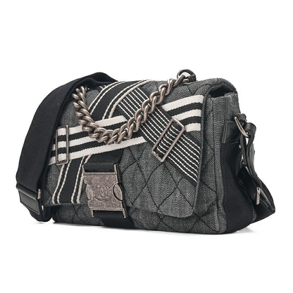 CHANEL Denim x Canvas x Lamb Airline 2-Way Shoulder Bag Black x Gray Silver-Tone Hardware, Pre-Owned