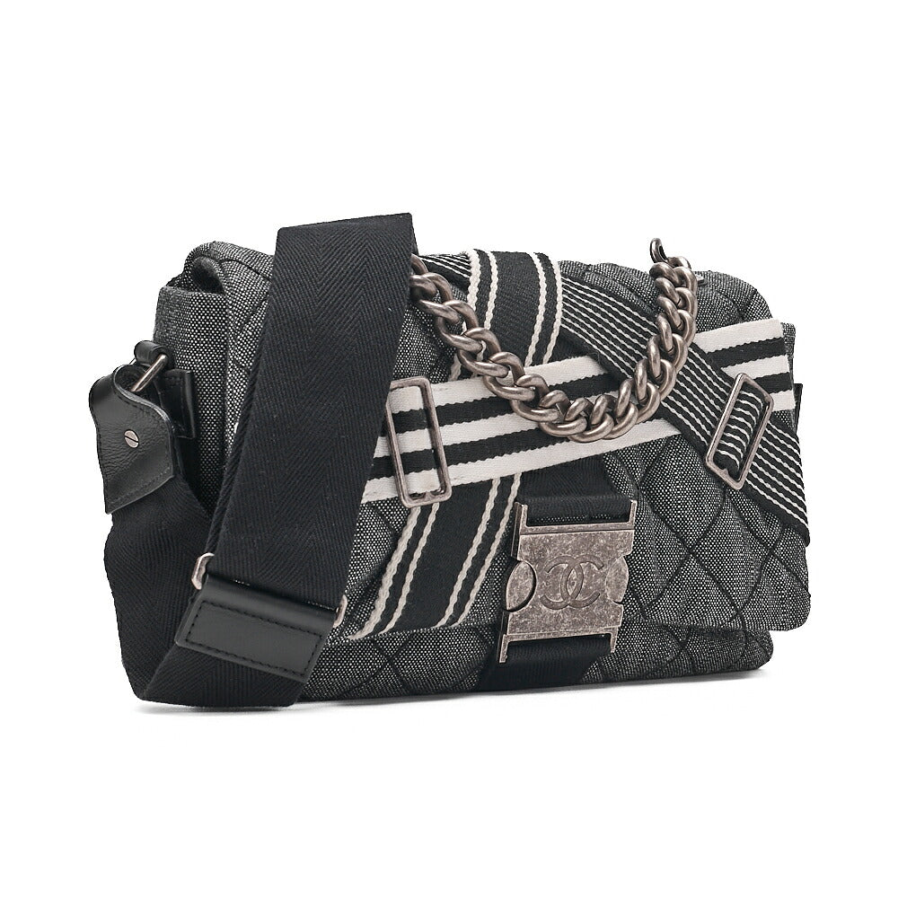 CHANEL Denim x Canvas x Lamb Airline 2-Way Shoulder Bag Black x Gray Silver-Tone Hardware, Pre-Owned