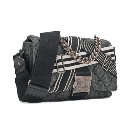 CHANEL Denim x Canvas x Lamb Airline 2-Way Shoulder Bag Black x Gray Silver-Tone Hardware, Pre-Owned