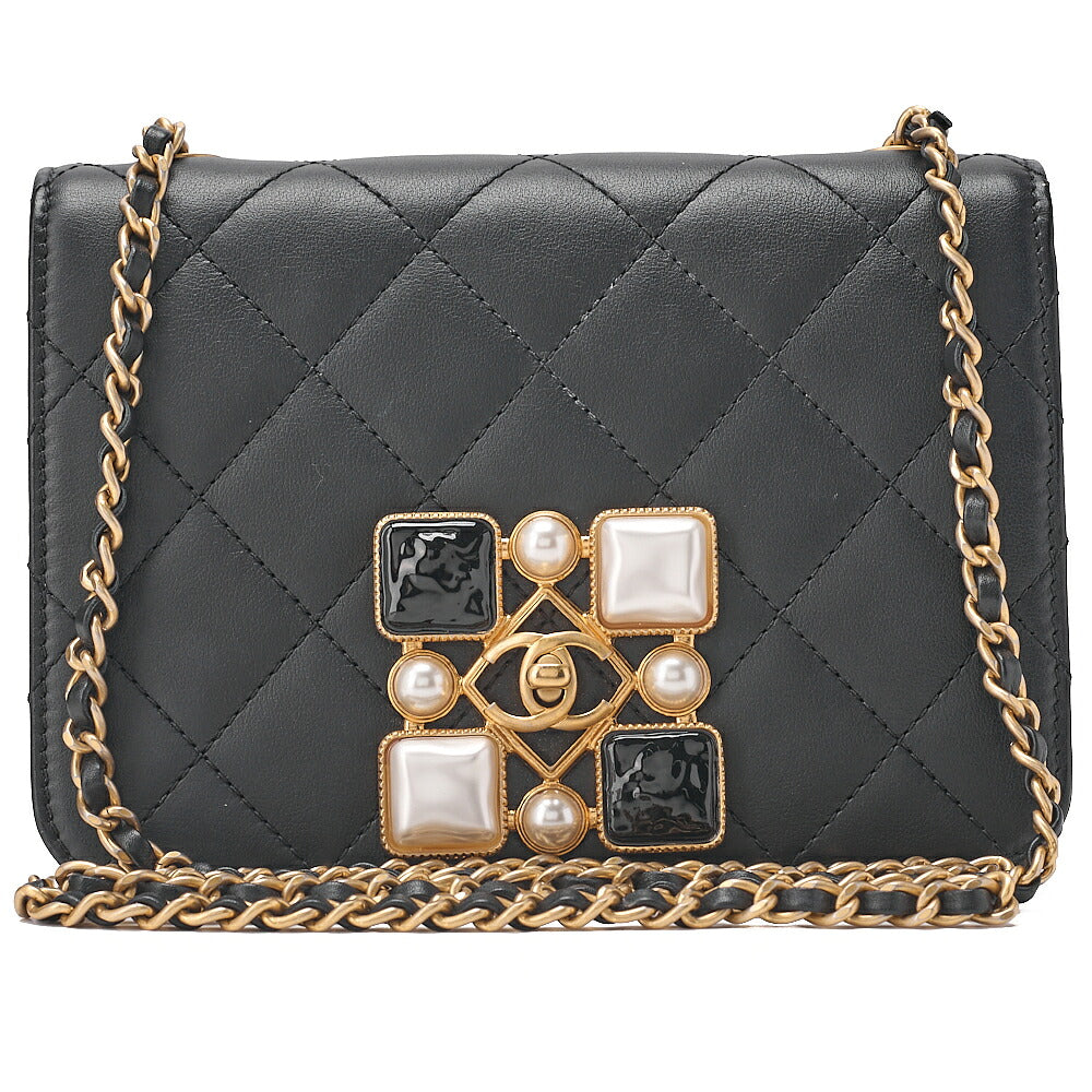 CHANEL Mini Matelasse Chain Shoulder Bag Faux Pearl Lambskin Black Gold-Tone Hardware, Pre-Owned