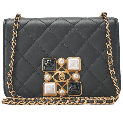 CHANEL Mini Matelasse Chain Shoulder Bag Faux Pearl Lambskin Black Gold-Tone Hardware, Pre-Owned