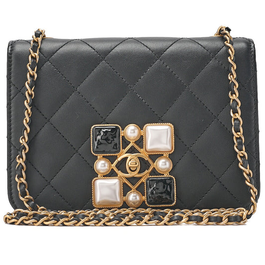 CHANEL Mini Matelasse Chain Shoulder Bag Faux Pearl Lambskin Black Gold-Tone Hardware, Pre-Owned