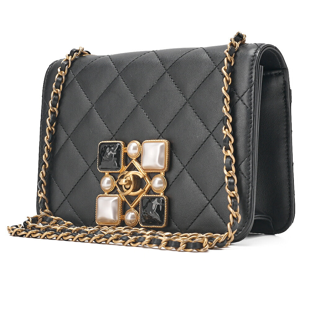 CHANEL Mini Matelasse Chain Shoulder Bag Faux Pearl Lambskin Black Gold-Tone Hardware, Pre-Owned