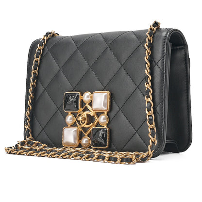 CHANEL Mini Matelasse Chain Shoulder Bag Faux Pearl Lambskin Black Gold-Tone Hardware, Pre-Owned