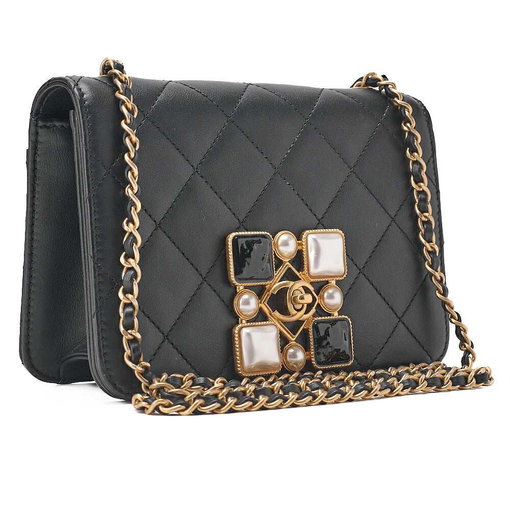 CHANEL Mini Matelasse Chain Shoulder Bag Faux Pearl Lambskin Black Gold-Tone Hardware, Pre-Owned