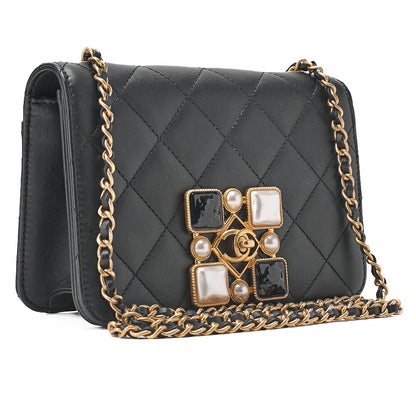 CHANEL Mini Matelasse Chain Shoulder Bag Faux Pearl Lambskin Black Gold-Tone Hardware, Pre-Owned