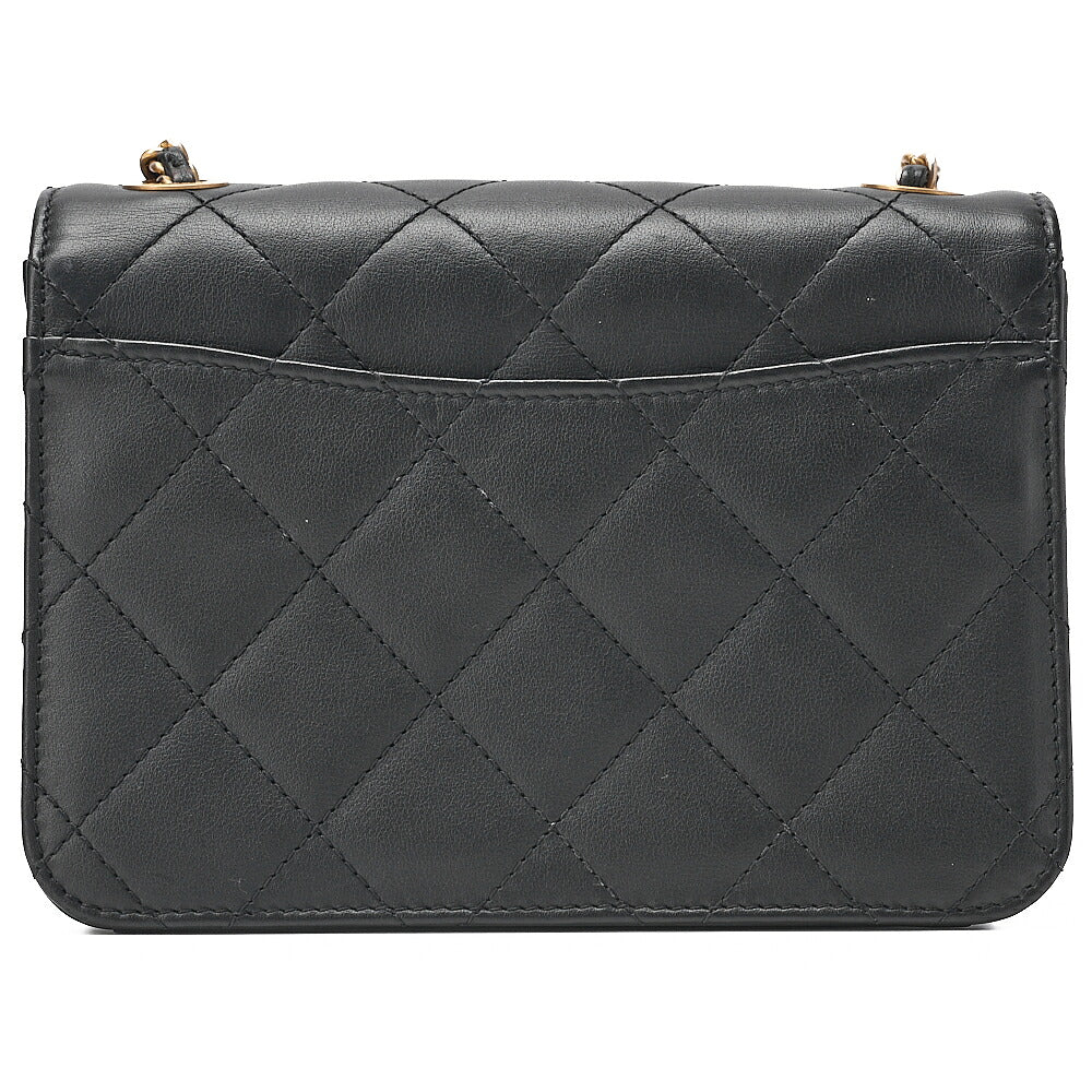 CHANEL Mini Matelasse Chain Shoulder Bag Faux Pearl Lambskin Black Gold-Tone Hardware, Pre-Owned