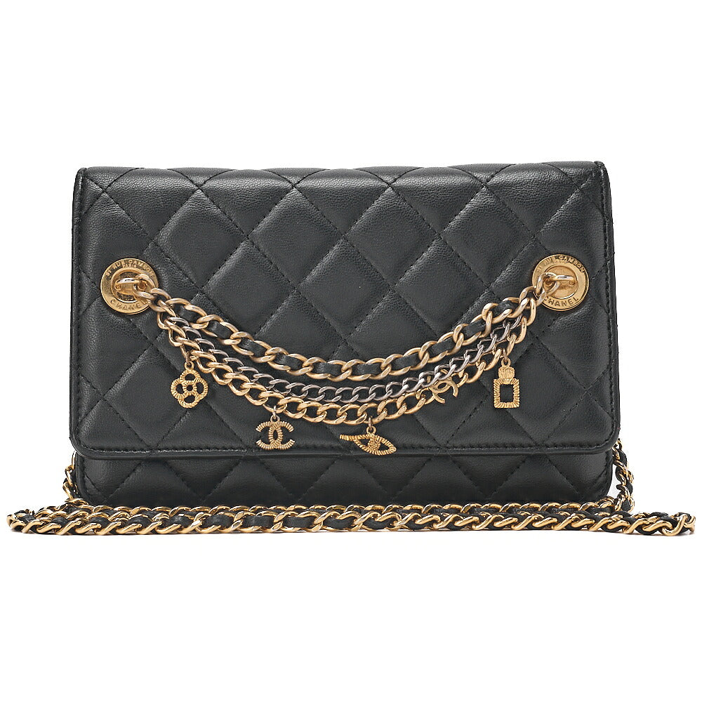 CHANEL Lambskin Matelasse Chain Wallet with Charm Black Gold x Silver-Tone Hardware, Pre-Owned