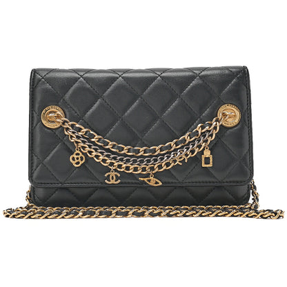 CHANEL Lambskin Matelasse Chain Wallet with Charm Black Gold x Silver-Tone Hardware, Pre-Owned