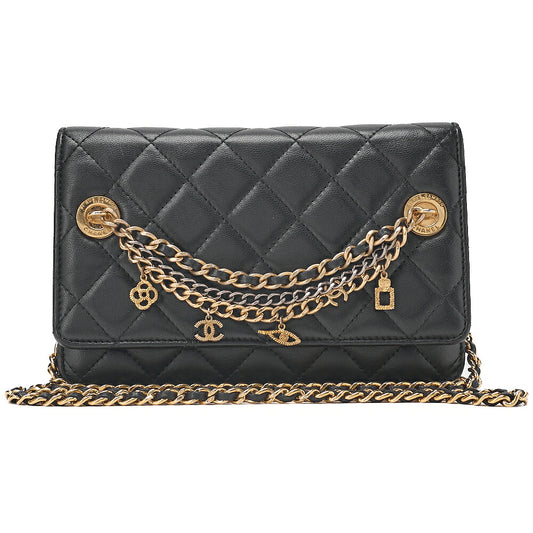 CHANEL Lambskin Matelasse Chain Wallet with Charm Black Gold x Silver-Tone Hardware, Pre-Owned