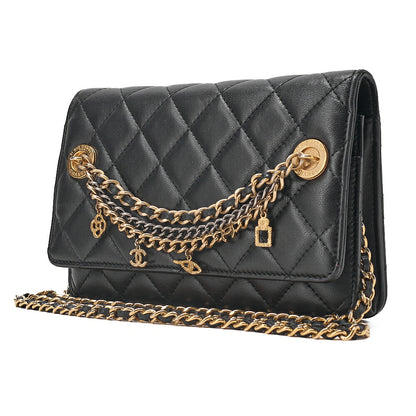CHANEL Lambskin Matelasse Chain Wallet with Charm Black Gold x Silver-Tone Hardware, Pre-Owned