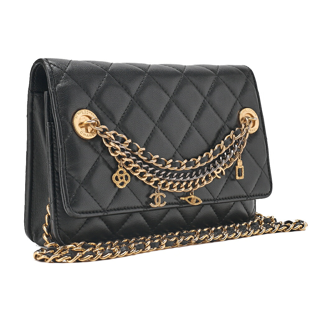 CHANEL Lambskin Matelasse Chain Wallet with Charm Black Gold x Silver-Tone Hardware, Pre-Owned