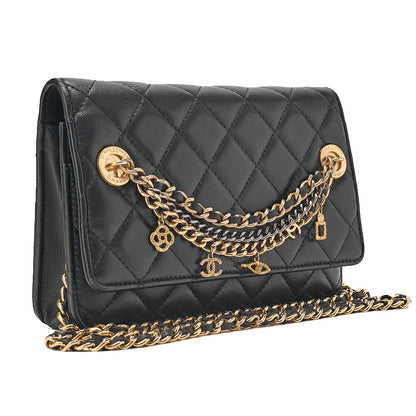 CHANEL Lambskin Matelasse Chain Wallet with Charm Black Gold x Silver-Tone Hardware, Pre-Owned