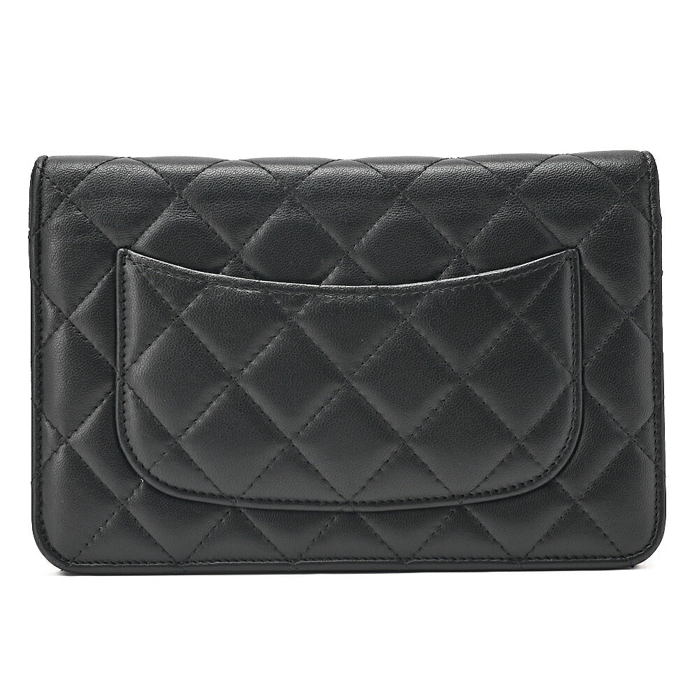 CHANEL Lambskin Matelasse Chain Wallet with Charm Black Gold x Silver-Tone Hardware, Pre-Owned