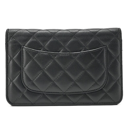 CHANEL Lambskin Matelasse Chain Wallet with Charm Black Gold x Silver-Tone Hardware, Pre-Owned