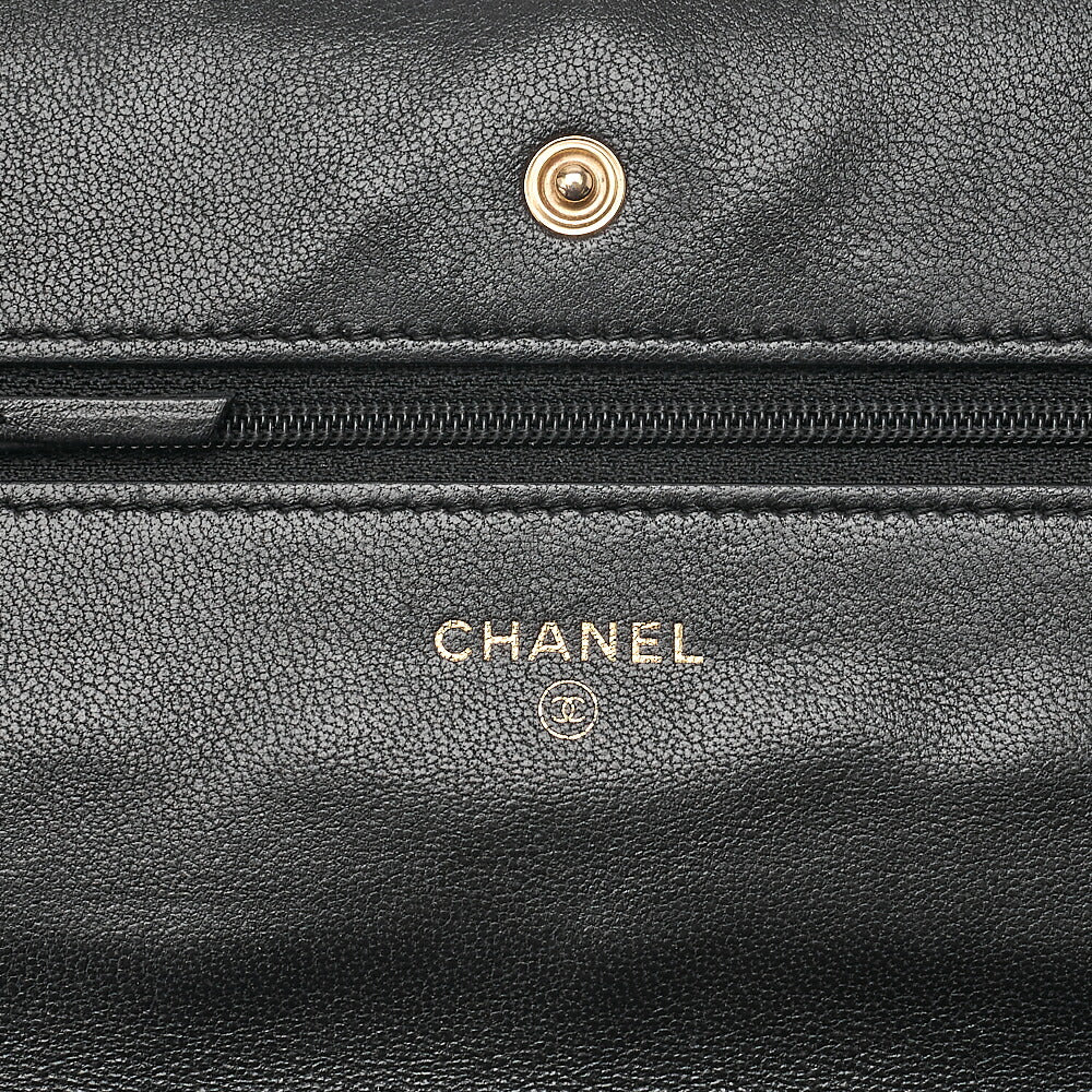 CHANEL Lambskin Matelasse Chain Wallet with Charm Black Gold x Silver-Tone Hardware, Pre-Owned